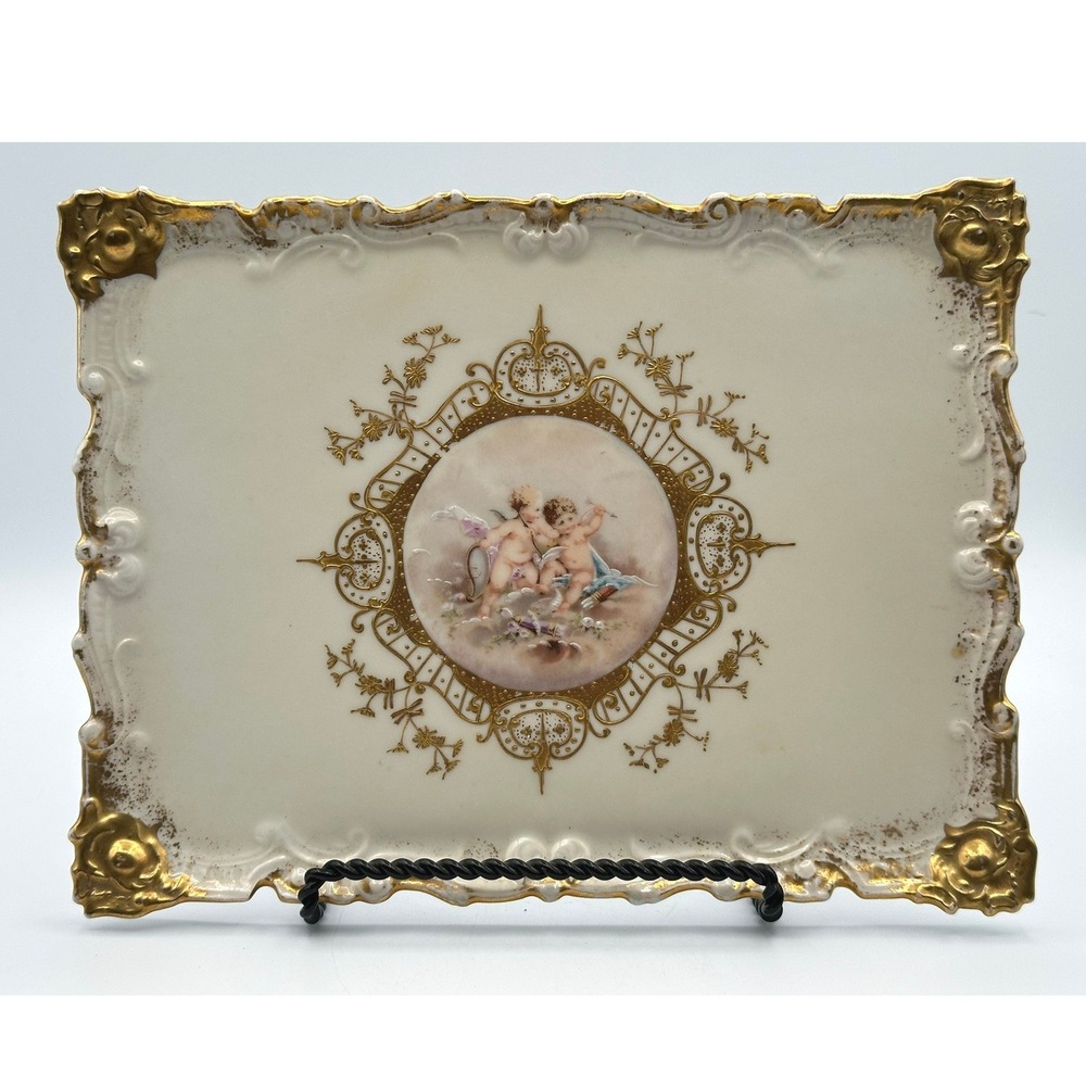 Vintage AKCD Limoges France Porcelain Tray Cherub Gold Gilt Scalloped 11x8